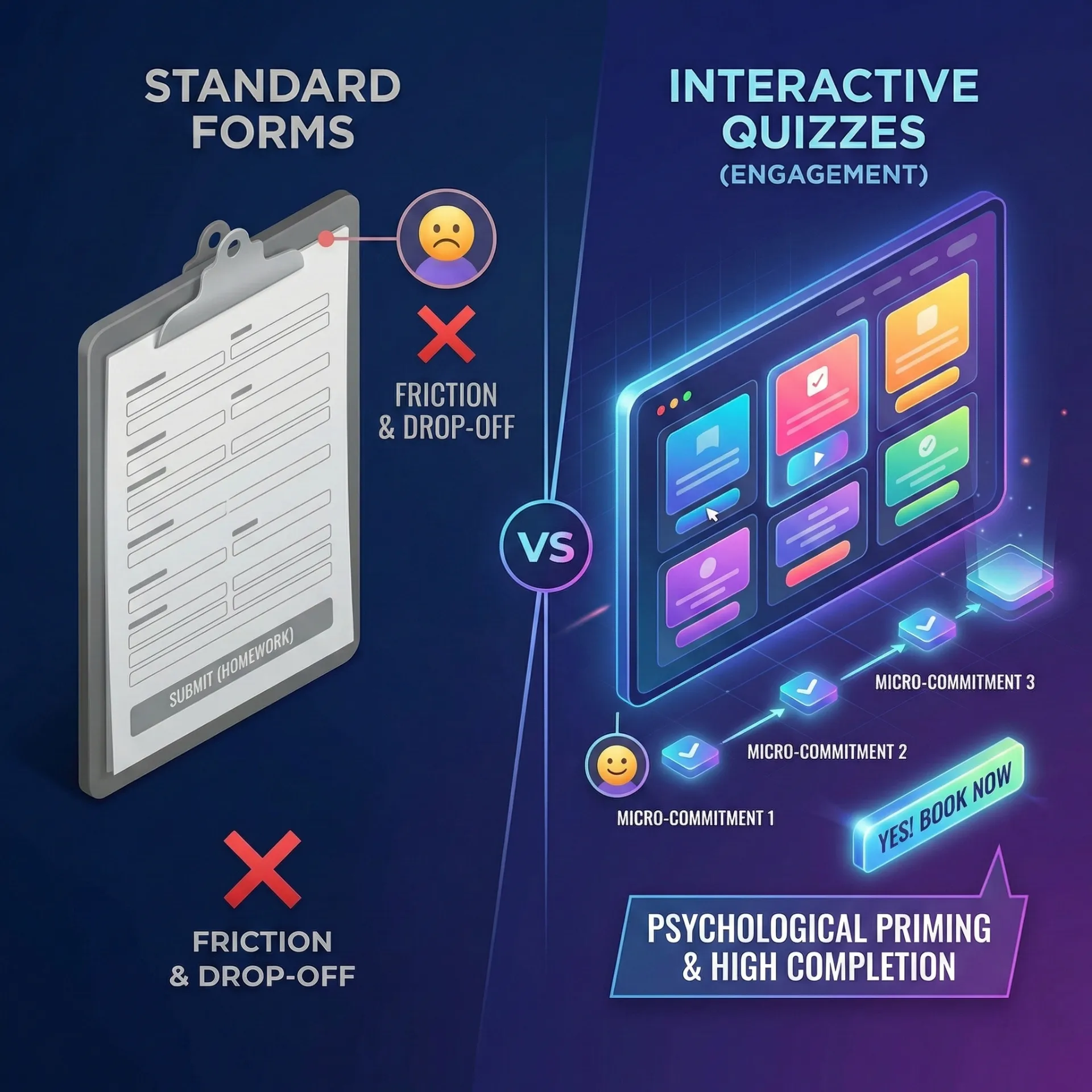 Comparison illustration showing standard forms causing friction and drop-off versus interactive quizzes with micro-commitments leading to psychological priming and higher completion.